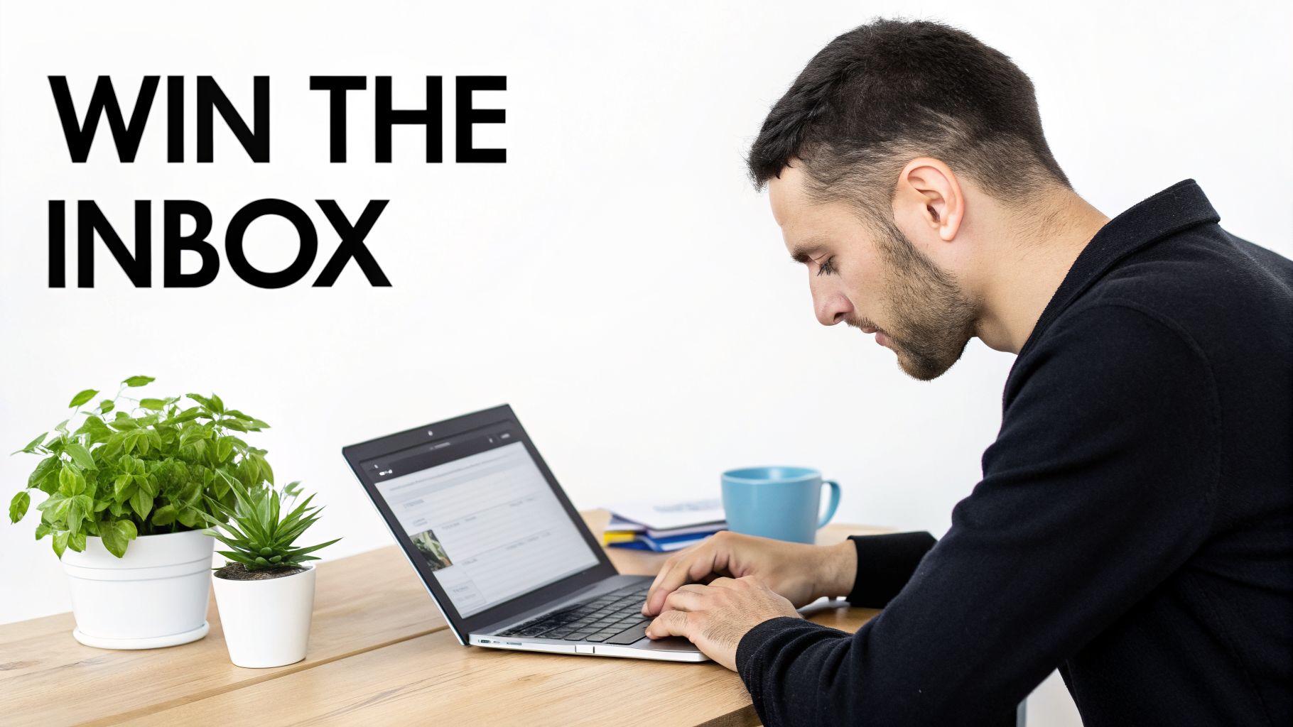 A focused man works on a laptop at a desk with plants and a mug. Text: 'WIN THE INBOX'.