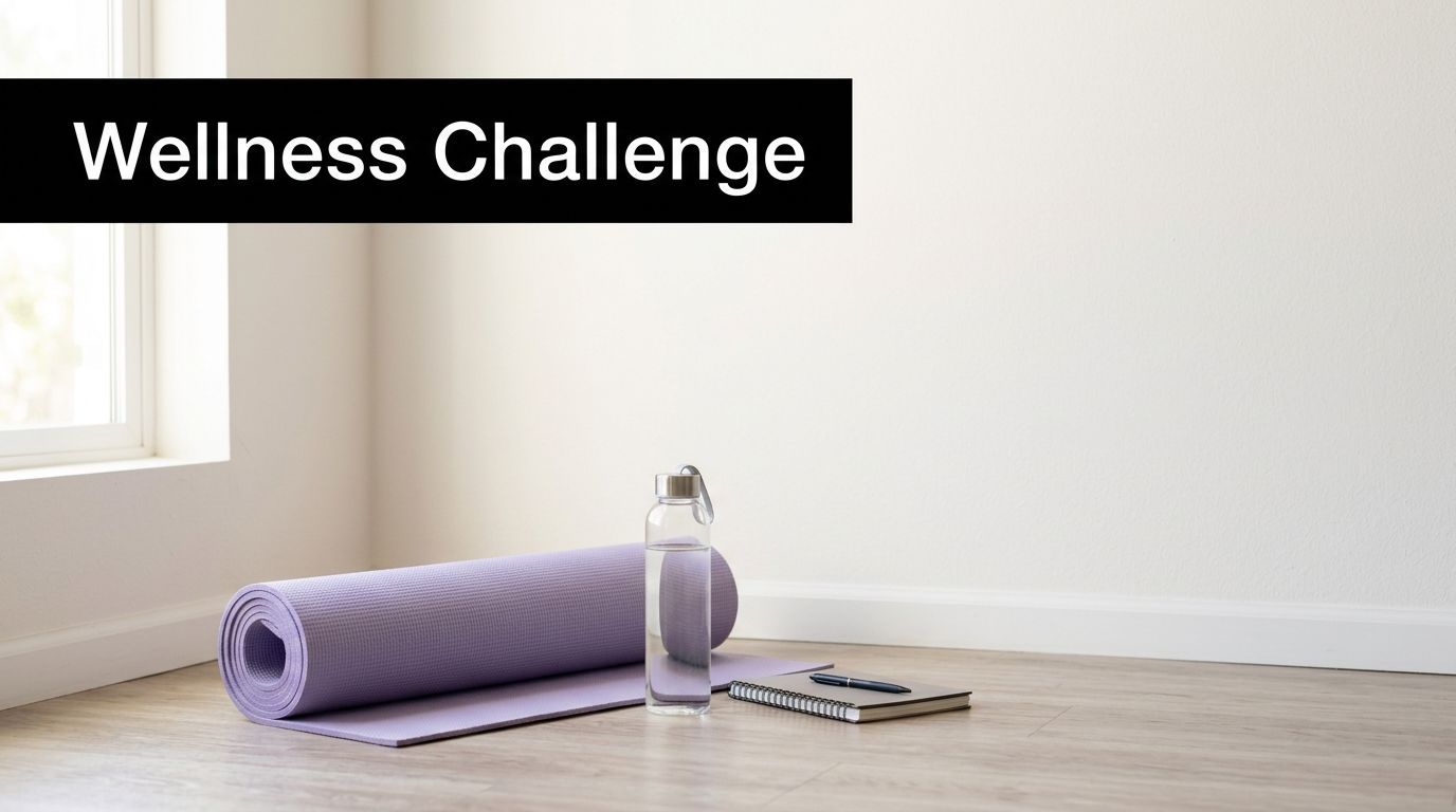 A purple yoga mat, a clear water bottle, and a notebook with a pen on a floor.