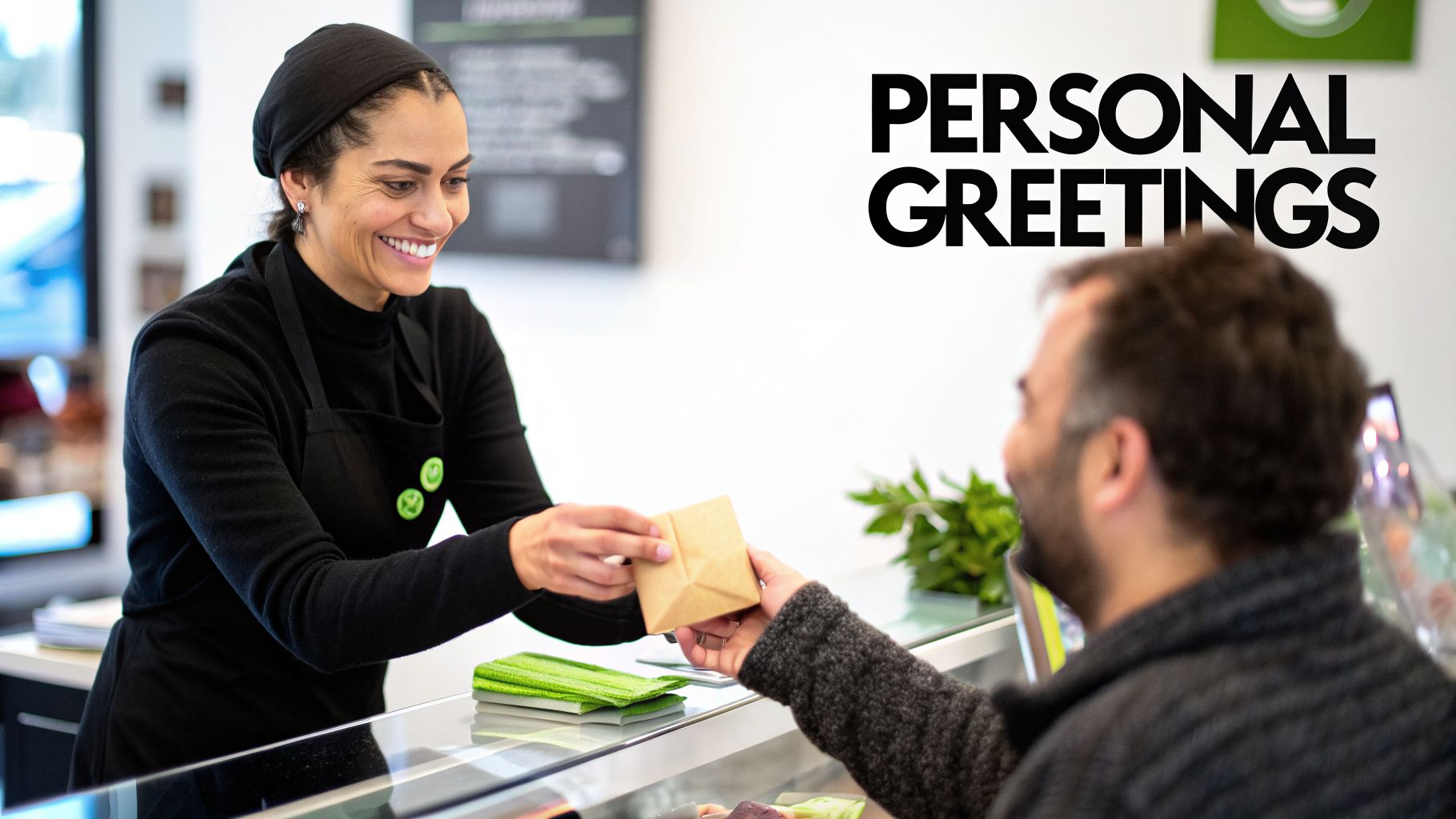 A smiling woman in a black apron hands a small brown package to a man over a counter, illustrating customer service.