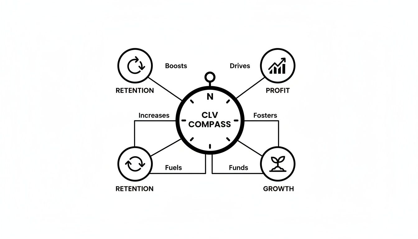 A CLV Compass diagram illustrates how Customer Lifetime Value connects to and drives retention, profit, and growth.