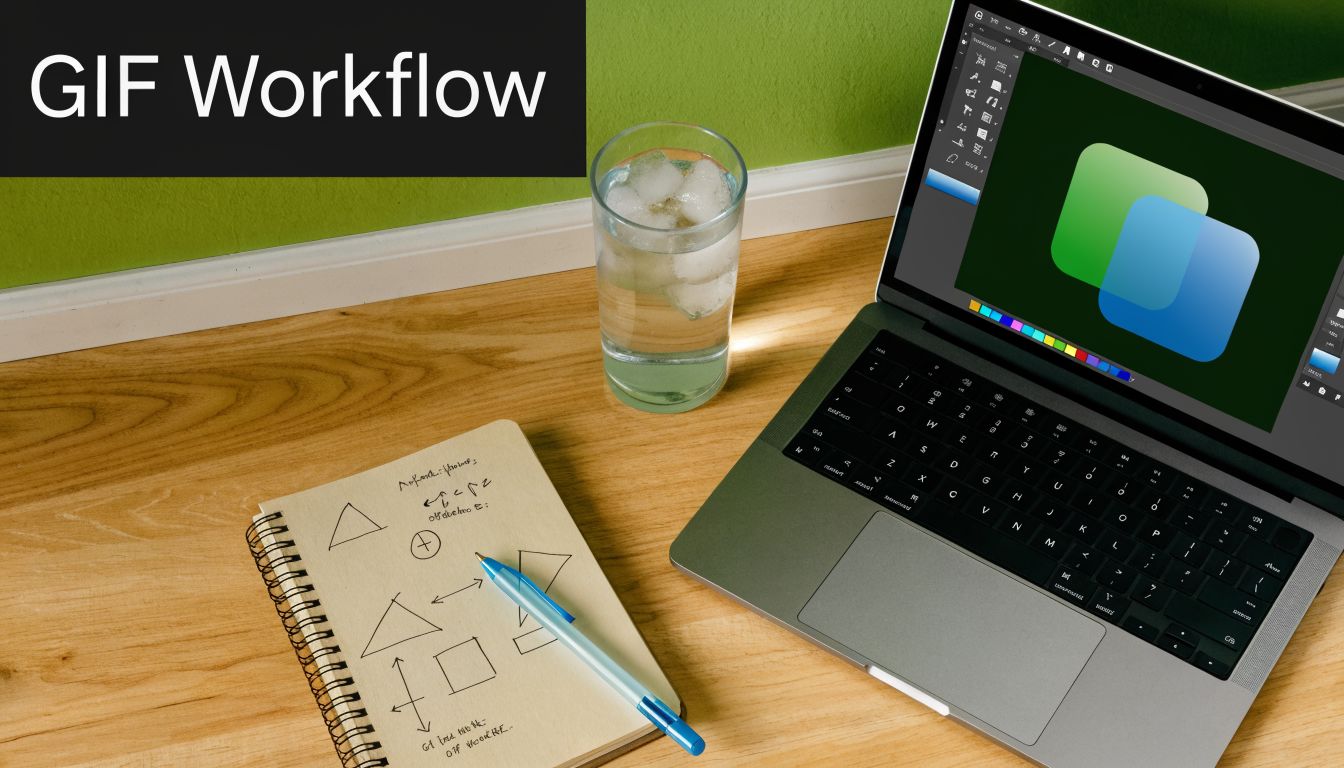 A workspace with a laptop displaying graphic design software, a notepad with sketches, and a glass of water.