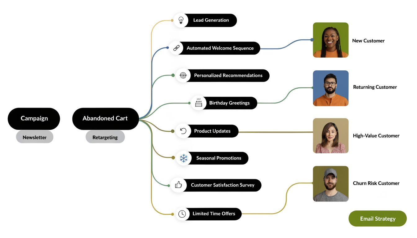 A diagram illustrating email marketing strategies for managing customer life cycle through various targeted campaign types.