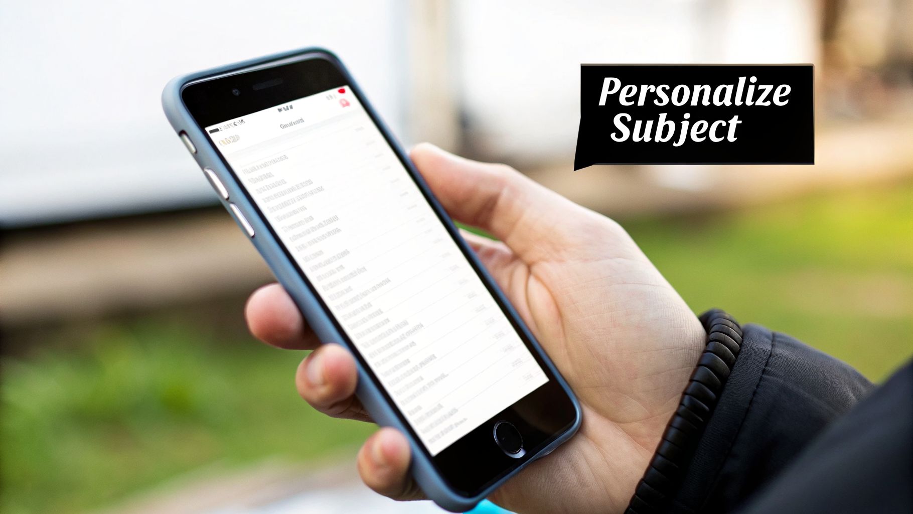 A person's hand holds a smartphone displaying an email list, with a 'Personalize Subject' speech bubble.