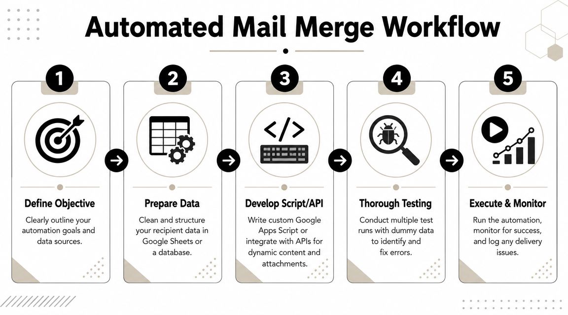 A flowchart showing the five steps of an automated mail merge workflow process from objective to monitoring.