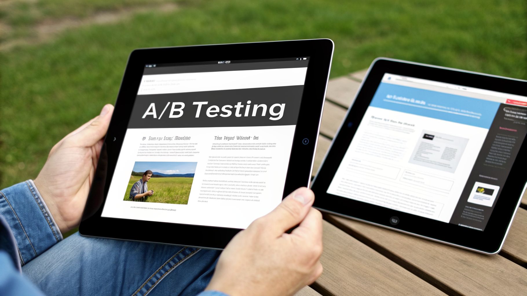 A person holds a tablet displaying 'A/B Testing' content next to another tablet on a wooden table.