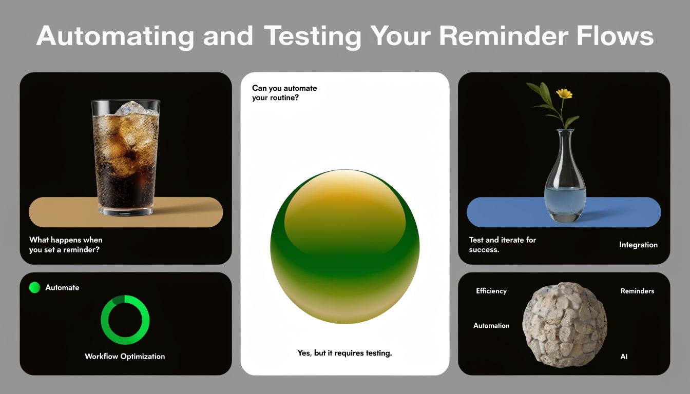 A modern, minimalist infographic about automating and testing reminder workflows, featuring abstract shapes and conceptual icons.