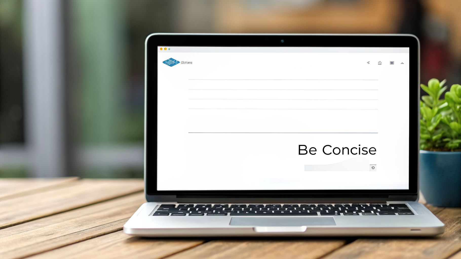 A silver laptop on a wooden table displaying 'Be Concise' on its screen, next to a green plant.