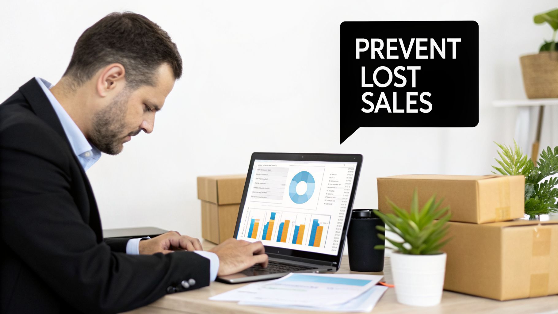 Businessman analyzing sales data on a laptop, surrounded by packages, with a 'Prevent Lost Sales' bubble.