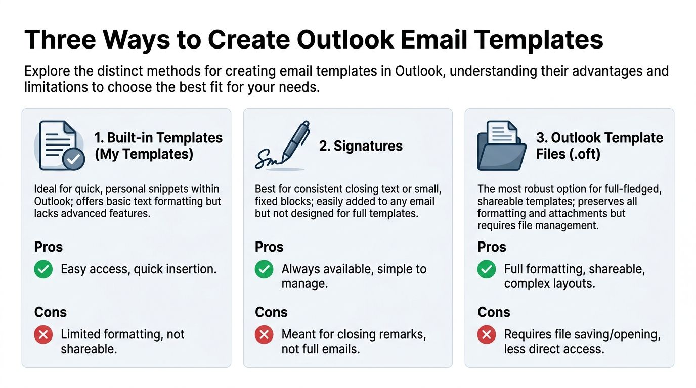 A visual guide outlining three methods for creating Outlook email templates: built-in templates, signatures, and .oft files.