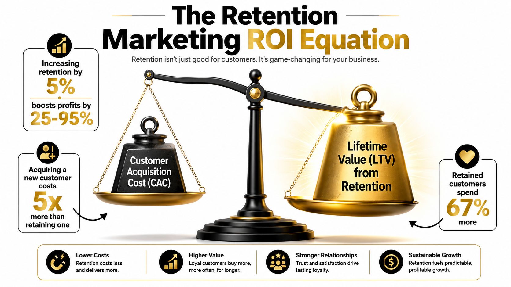 An infographic illustrating the retention marketing ROI equation using a balance scale to compare acquisition costs and lifetime value.