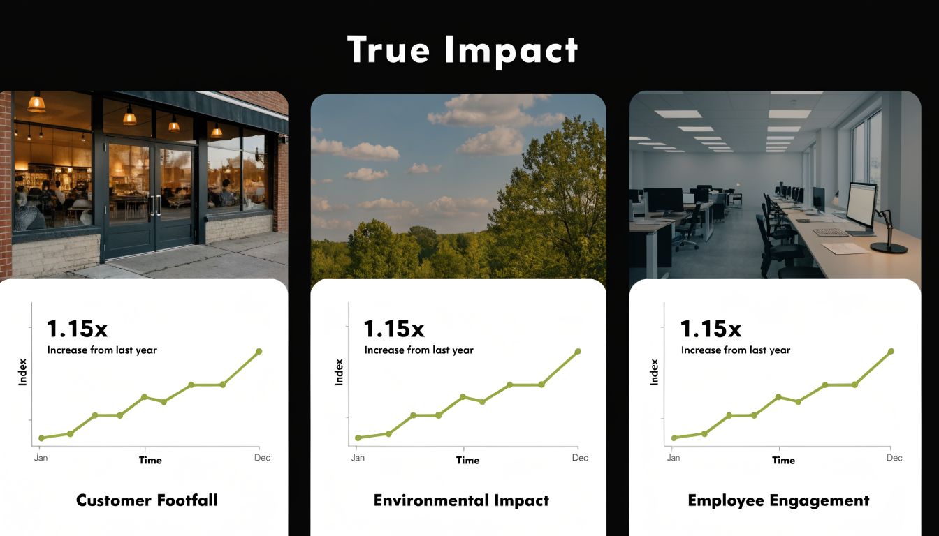 A data visualization showing identical 1.15x increases for customer footfall, environmental impact, and employee engagement metrics.