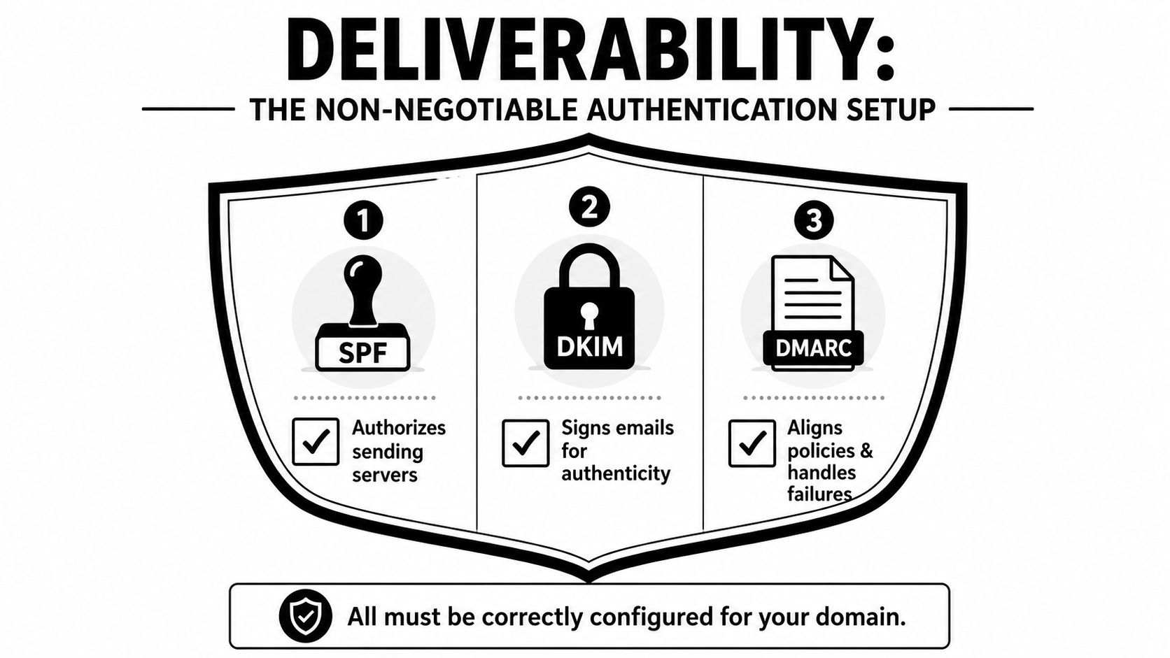 A diagram illustrating the three essential email authentication protocols, SPF, DKIM, and DMARC, for domain security.