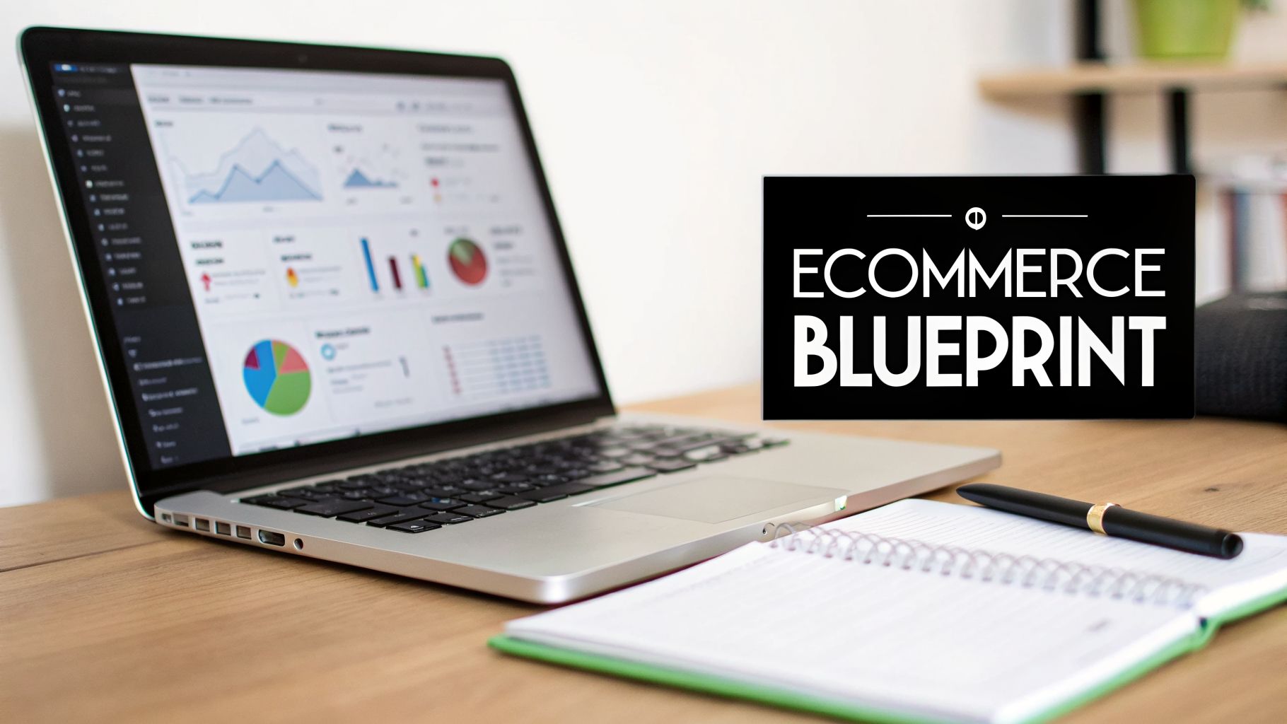 Laptop displaying e-commerce analytics and charts, with a notebook, pen, and 'ECOMMERCE BLUEPRINT' sign.