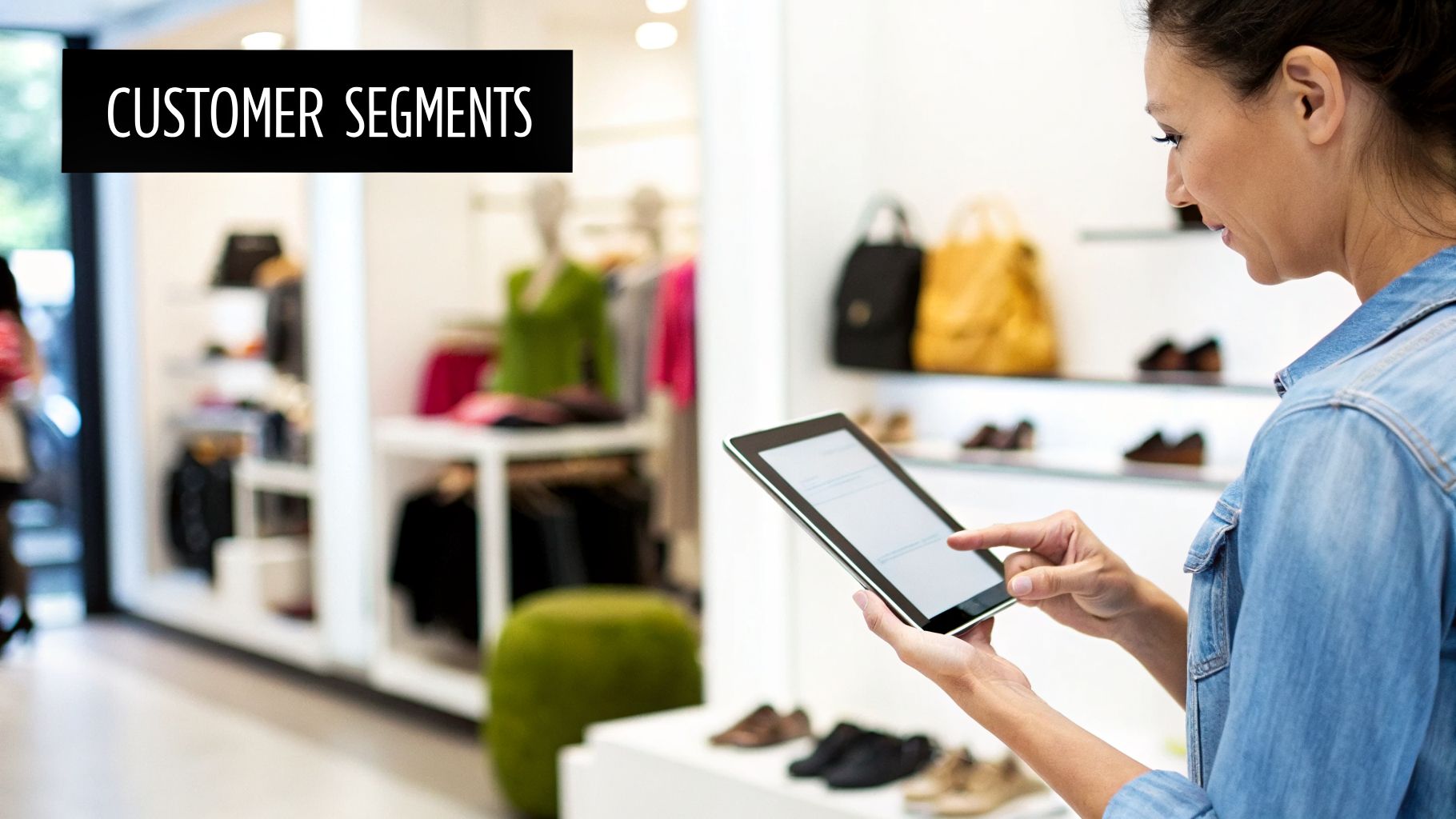 A woman uses a tablet in a modern retail store, focusing on 'Customer Segments' on a black banner.