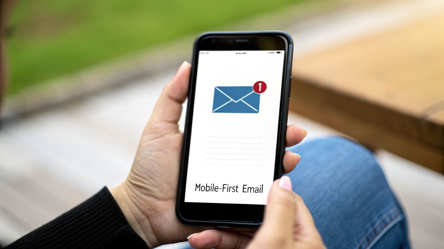 A person holds a smartphone showing an email icon with a notification and 'Mobile-First Email' text.