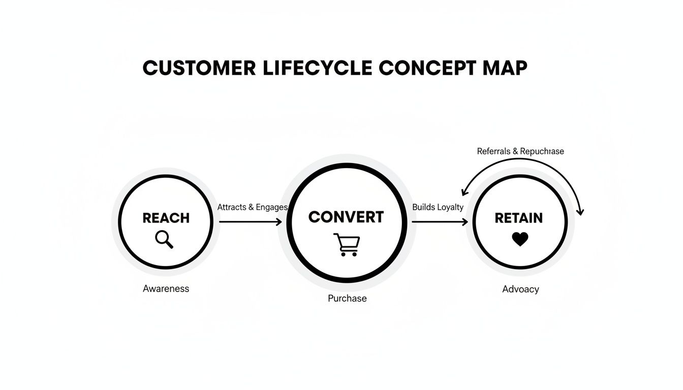 A customer lifecycle concept map showing three stages: Reach, Convert, and Retain, with associated actions.