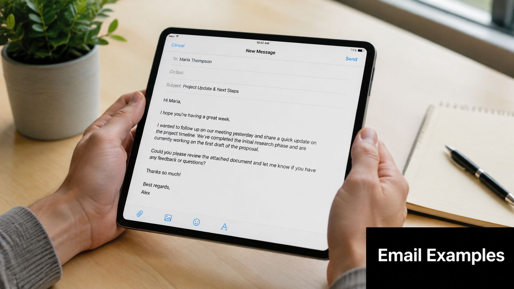 A person holding a tablet displaying a professional follow-up email draft on a wooden desk.