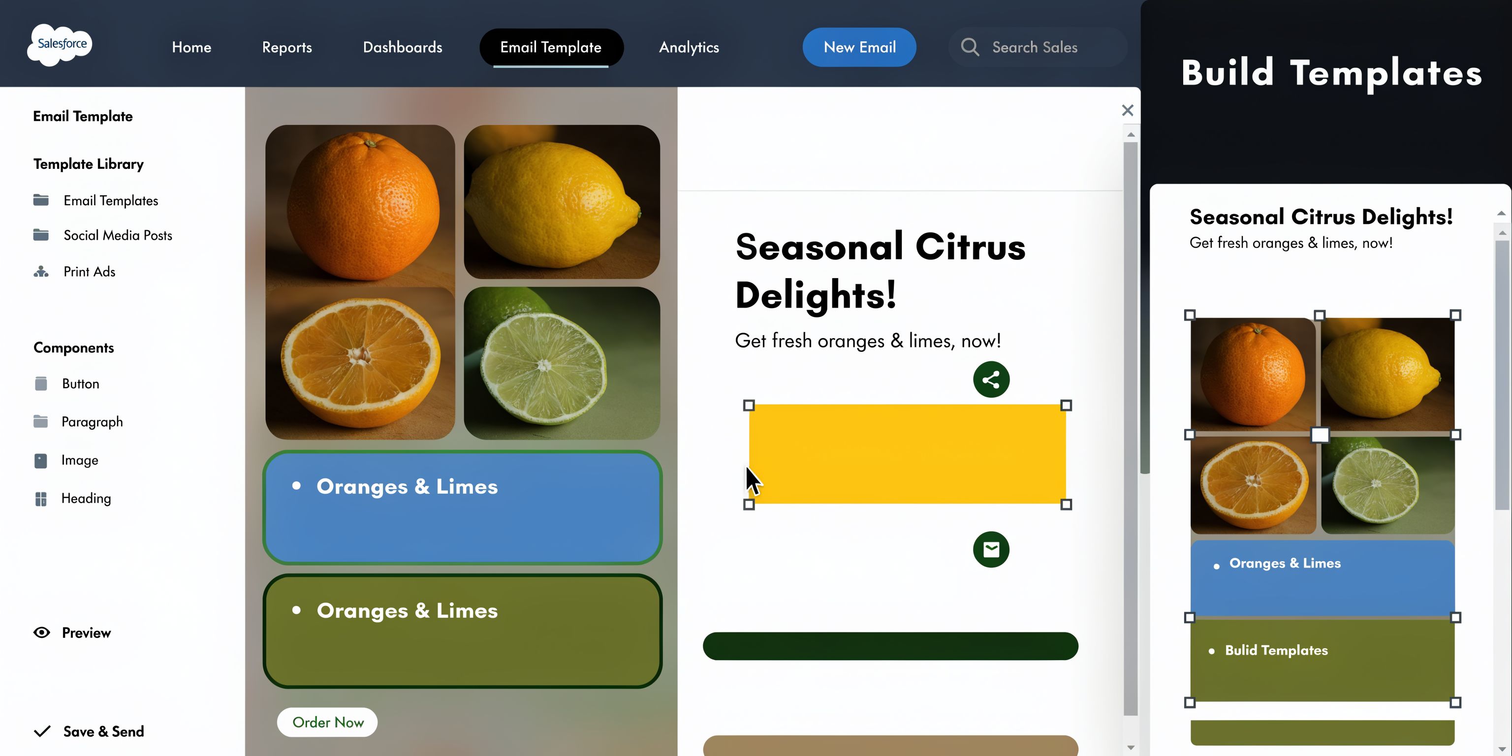 A digital interface demonstrating the process of building a seasonal email template within the Salesforce platform.