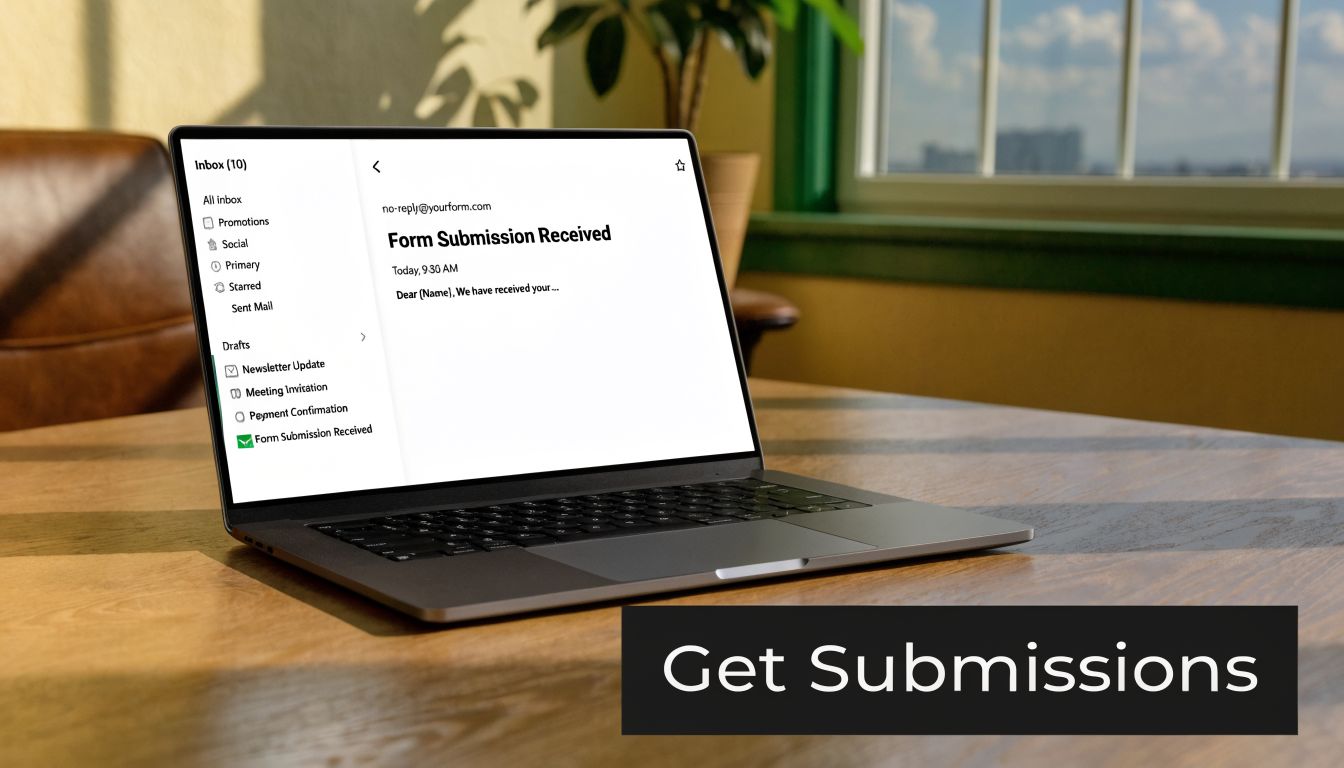 A modern laptop on a wooden desk displaying an email inbox showing a form submission received message.