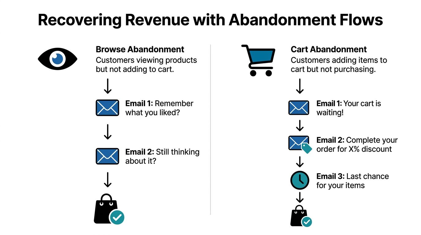 A diagram illustrating email marketing flows for recovering revenue from browse abandonment and cart abandonment scenarios.