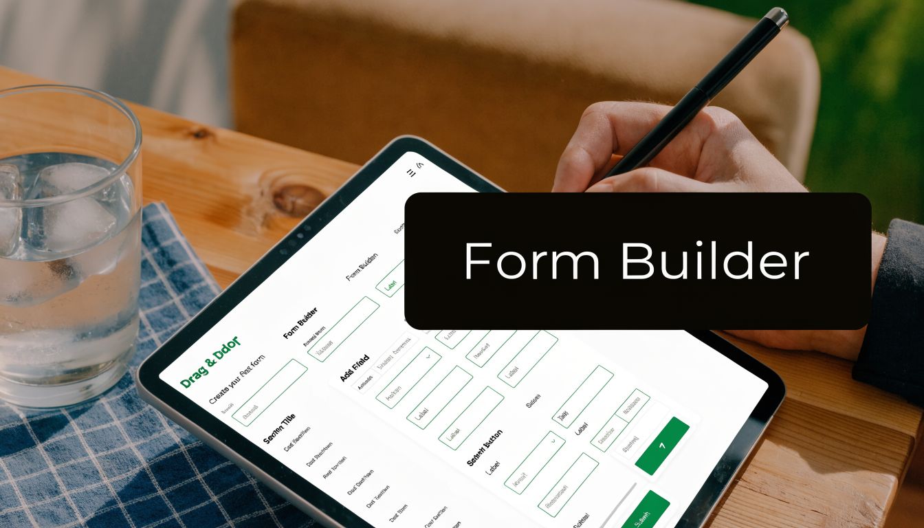 A person using a stylus on a tablet screen to design a digital form builder application.