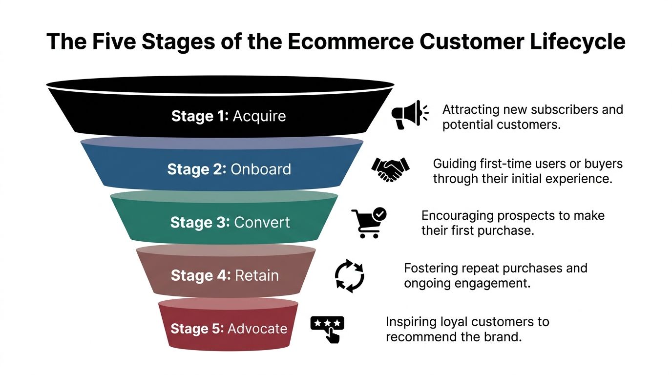 A funnel diagram illustrating the five stages of the ecommerce customer lifecycle from acquisition to advocacy.