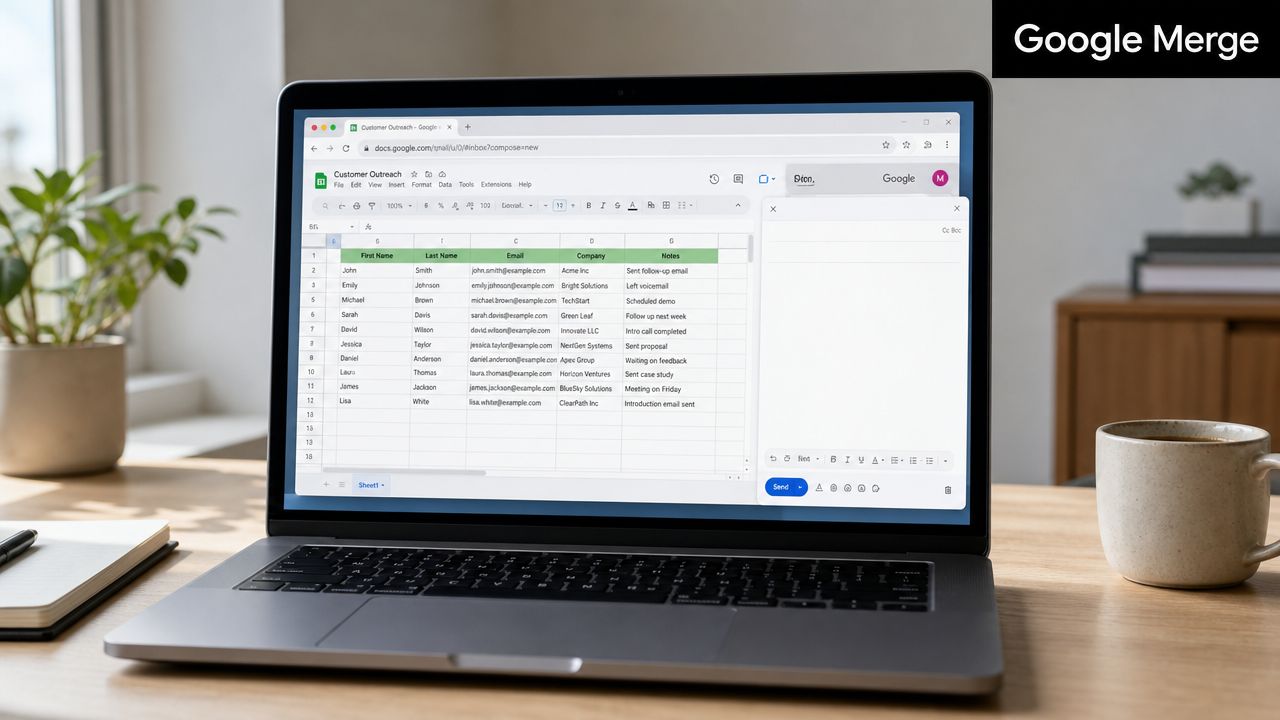 A laptop screen showing a Google spreadsheet next to an open email compose window for mail merging.