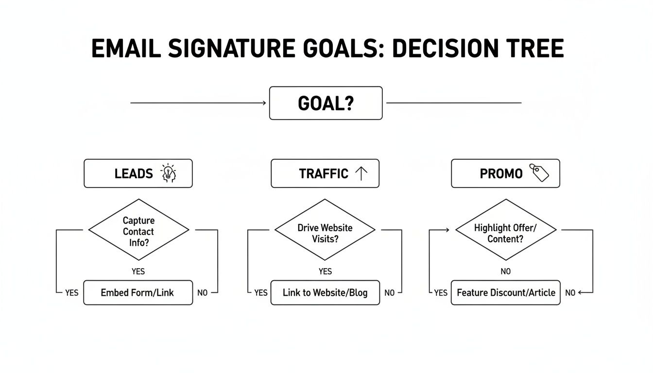Email signature goals decision tree outlining strategies for leads, traffic, and promotional content.