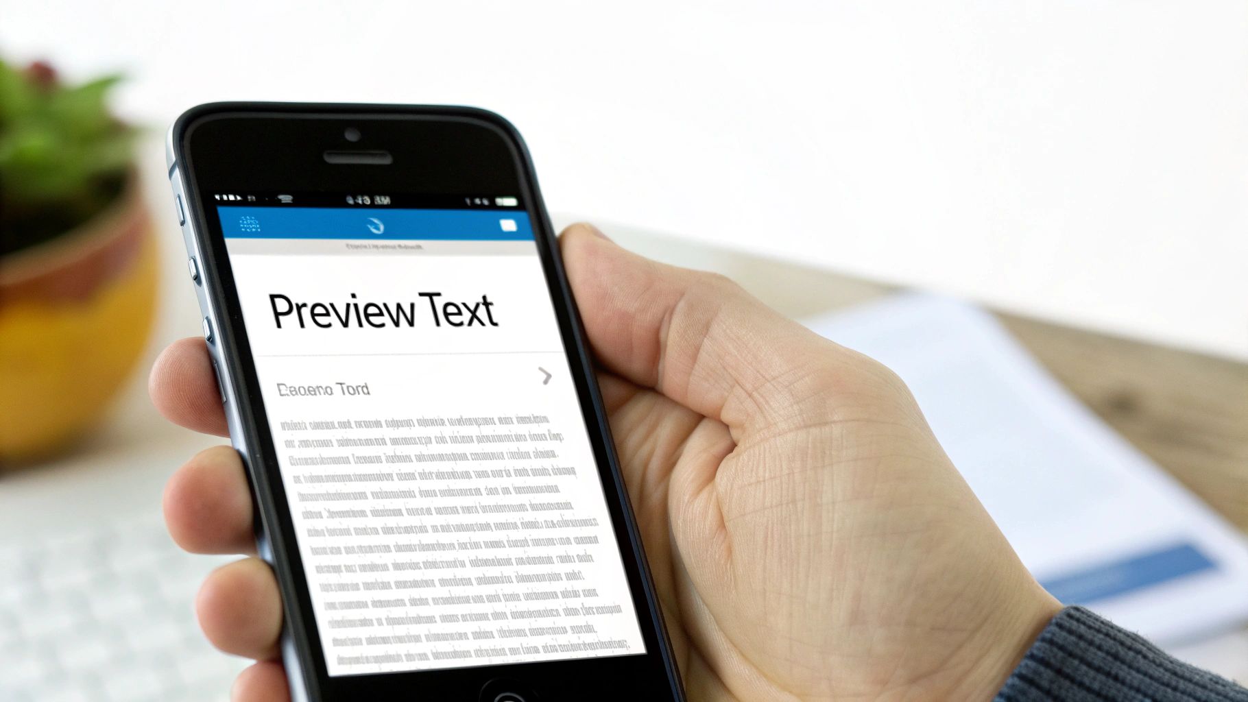 A hand holds a smartphone displaying an email preview with 'Preview Text' on the screen.