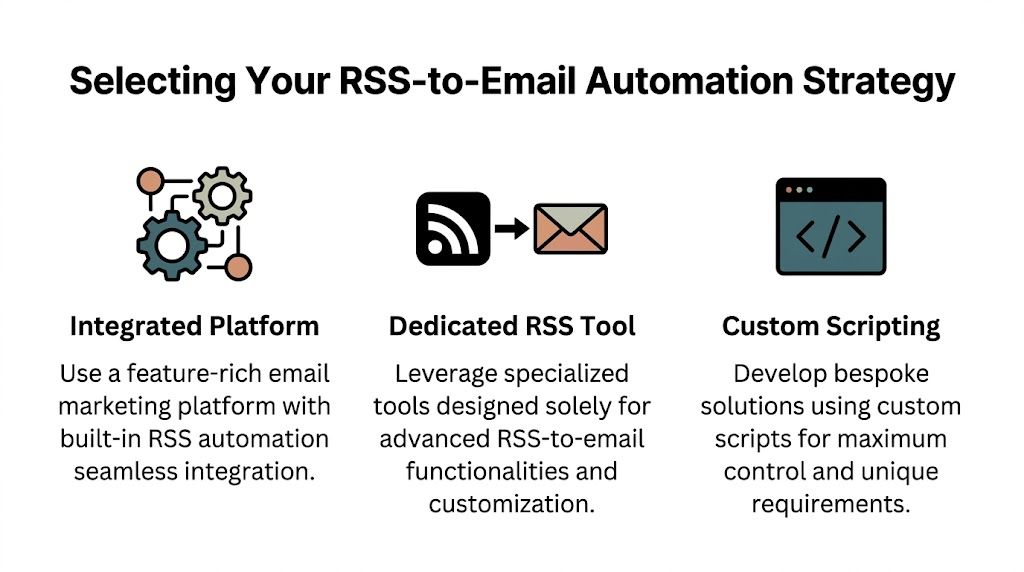 A graphic showing three strategies for RSS-to-email automation: integrated platforms, dedicated tools, and custom scripting.