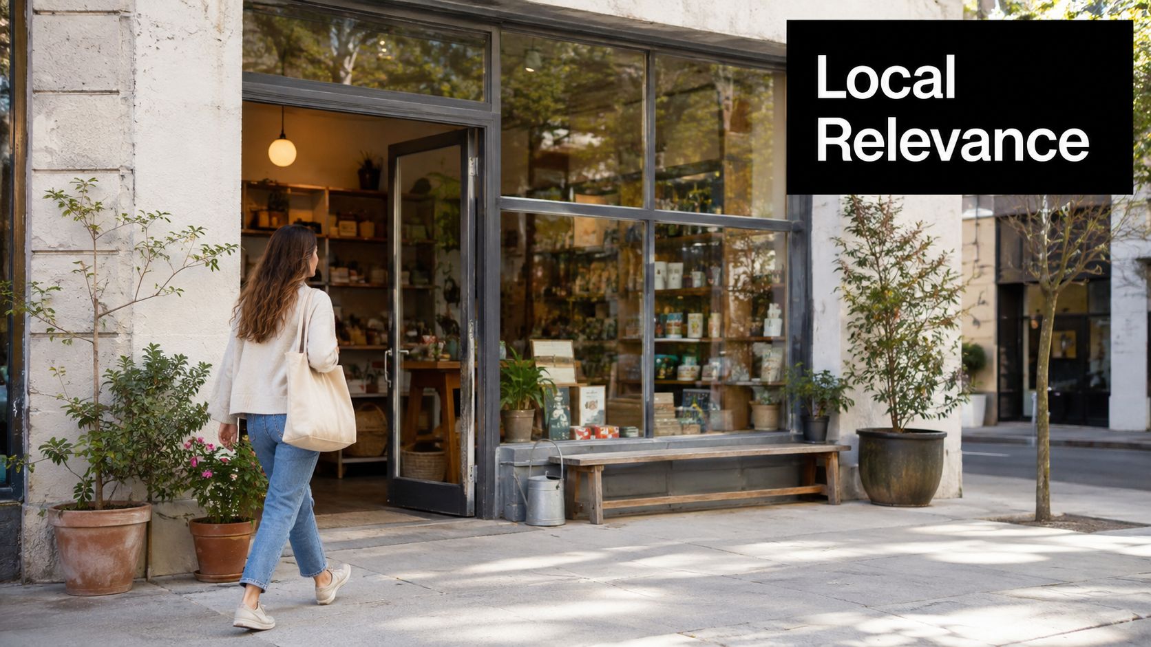 A woman carrying a tote bag walks toward the open door of a local shop boutique store.