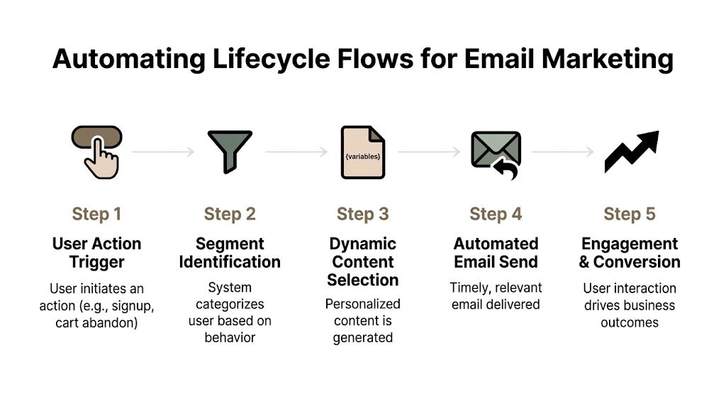 A five-step flowchart illustrating the automated lifecycle process for email marketing from user trigger to conversion.