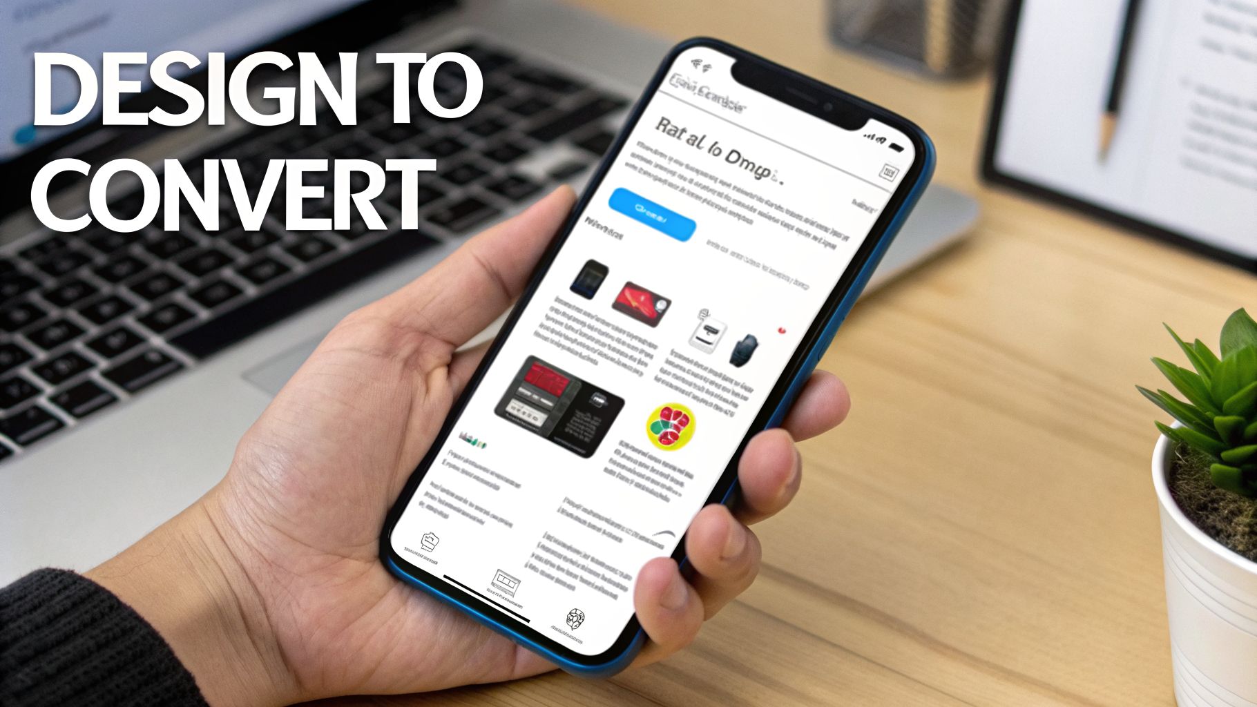 Hand holding a smartphone showcasing an e-commerce product page, with a laptop and text 'DESIGN TO CONVERT' visible.