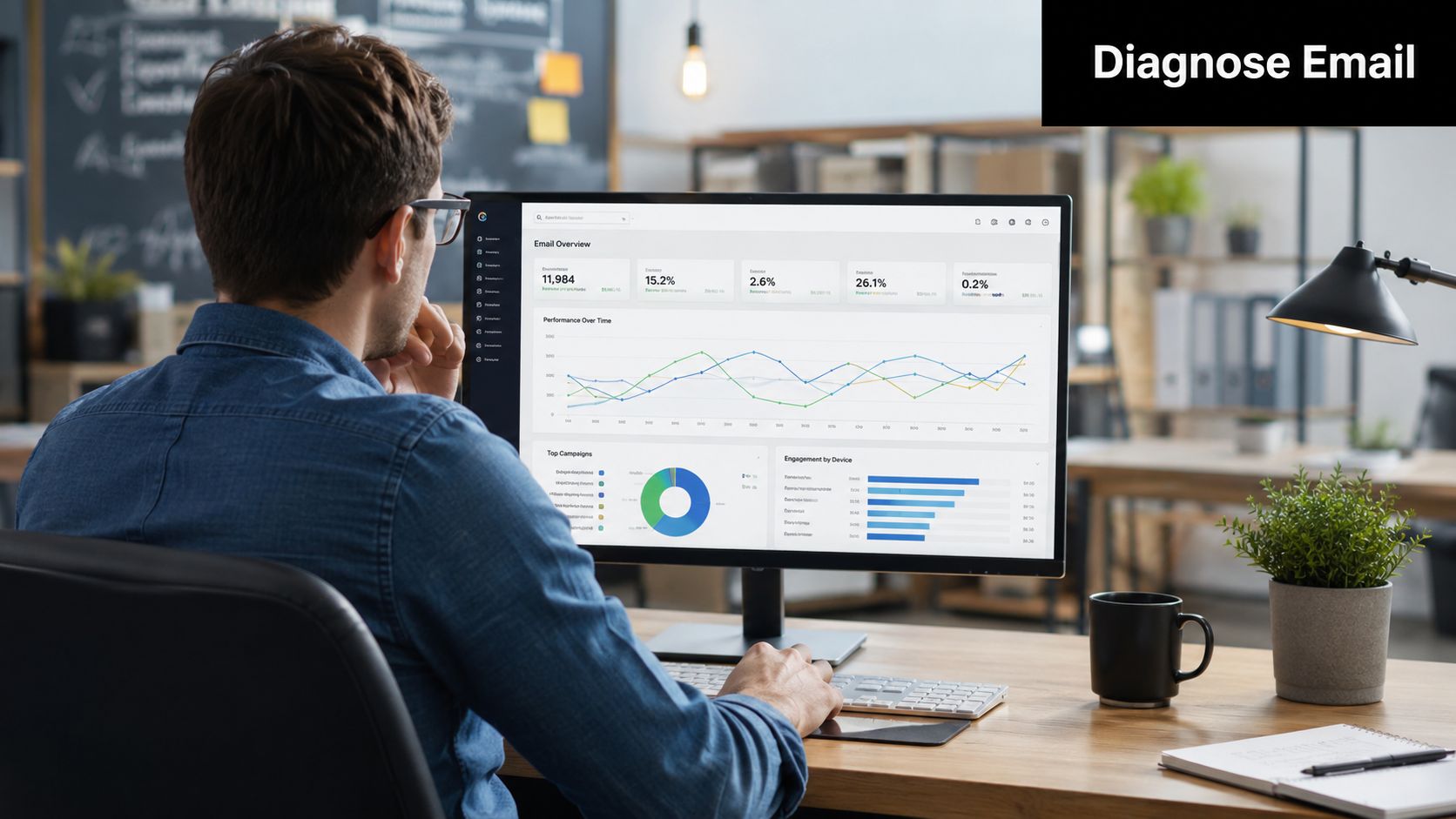 A professional man analyzing email deliverability performance metrics on a computer screen in a modern office.