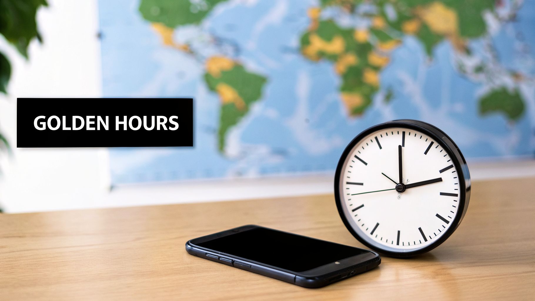 A desk setup with a clock, smartphone, and a 'GOLDEN HOURS' sign, against a world map.