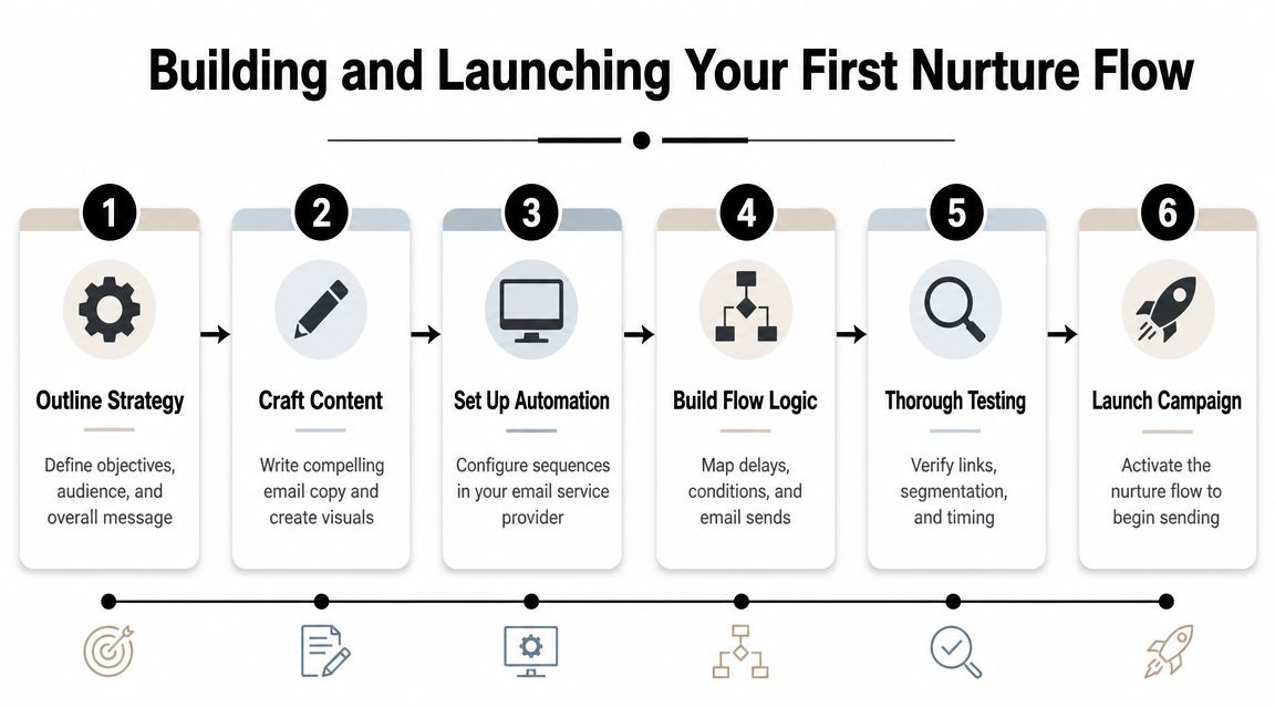 A six-step infographic showing the process of building and launching an effective email nurture campaign.