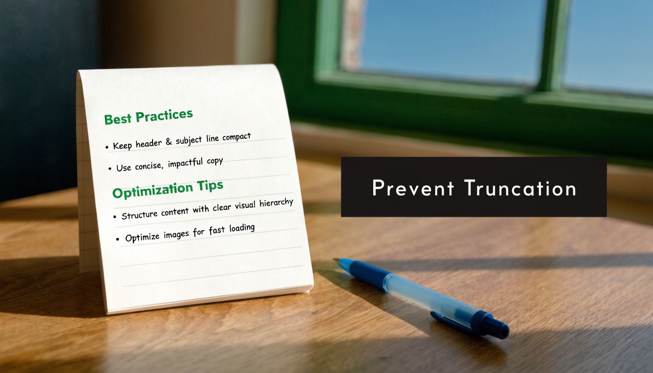 A notepad on a wooden desk listing tips for preventing email truncation alongside a pen.