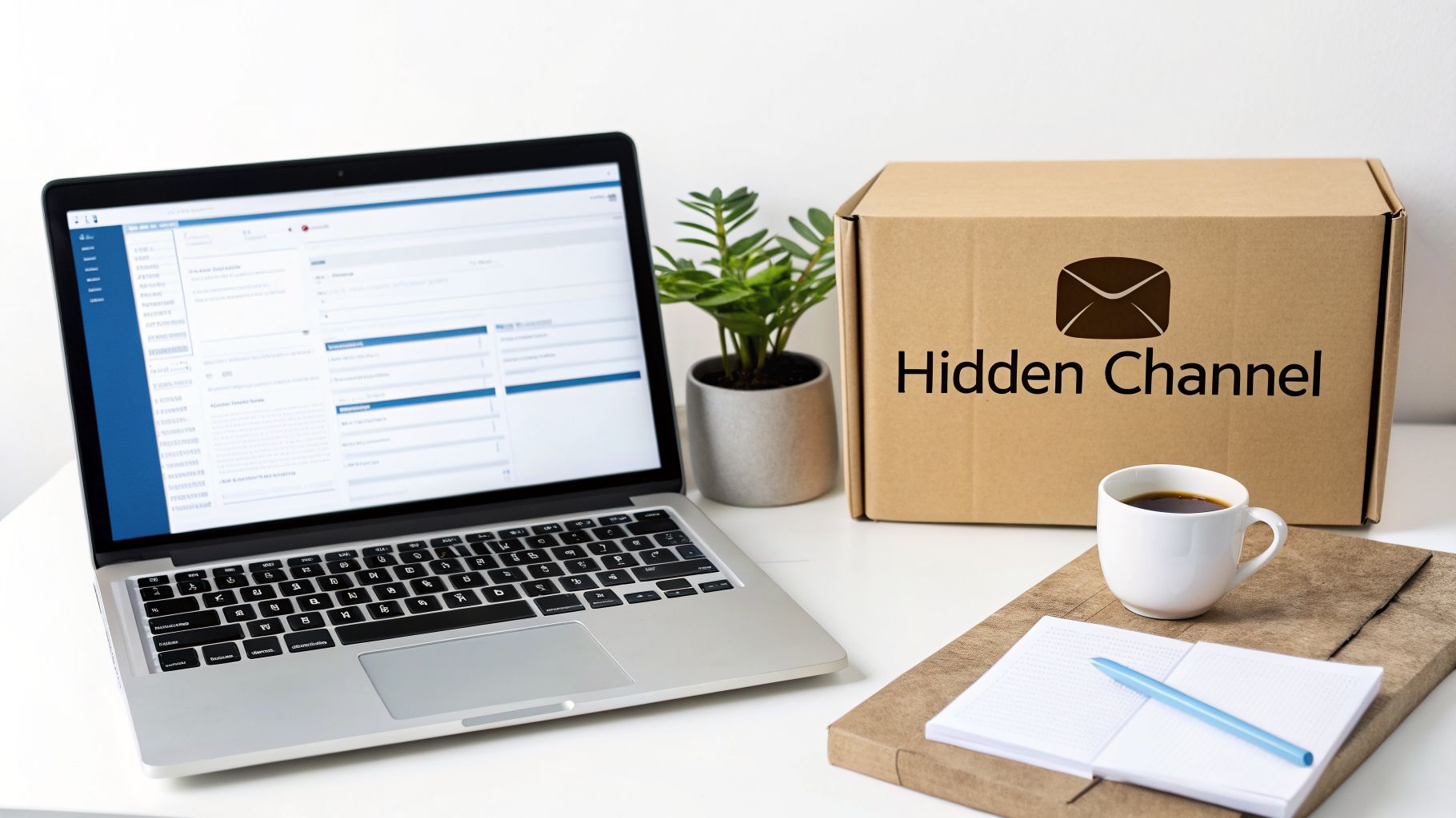 A workspace with a laptop, a plant, a coffee cup, a notebook, and a box labeled 'Hidden Channel'.