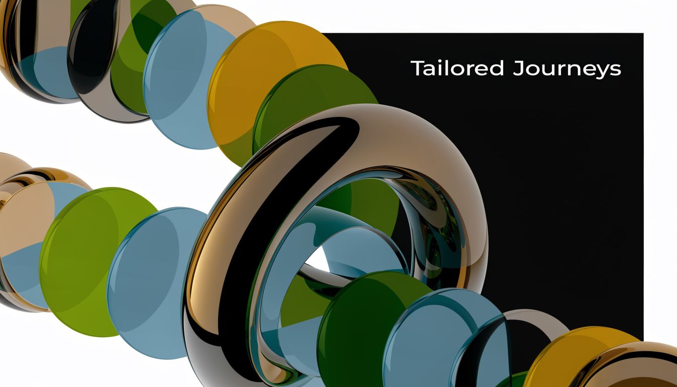 Abstract design with glossy, colorful, translucent circles and metallic torus shapes on a black and white background.