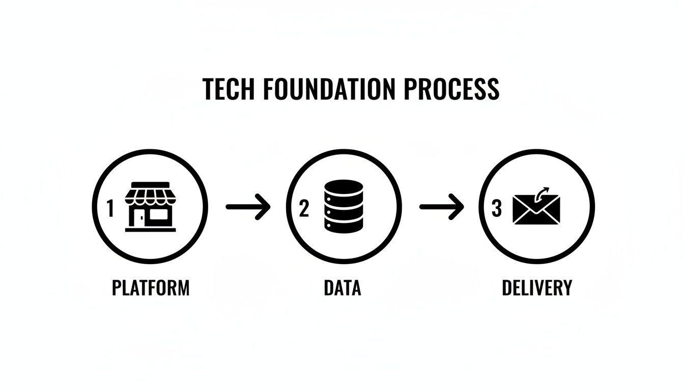 A three-step tech foundation process diagram showing Platform, Data, and Delivery stages with icons.