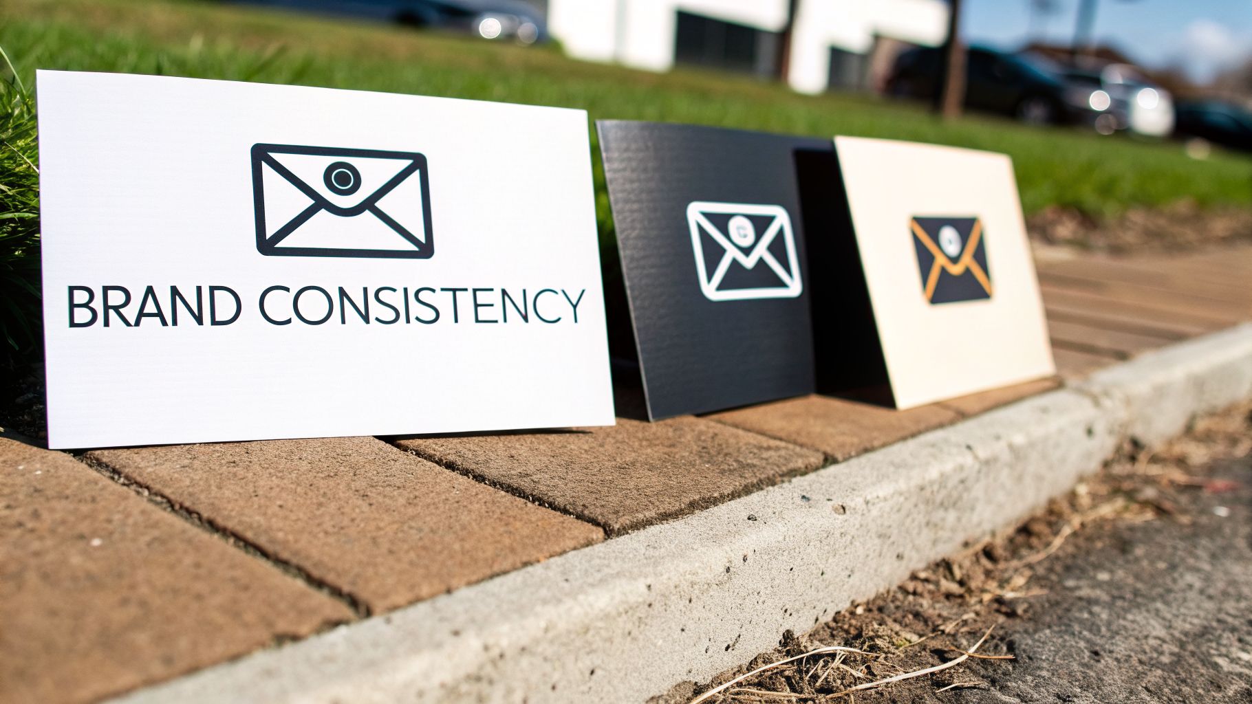 Three cards showing email icons in different styles, highlighting brand consistency in design.