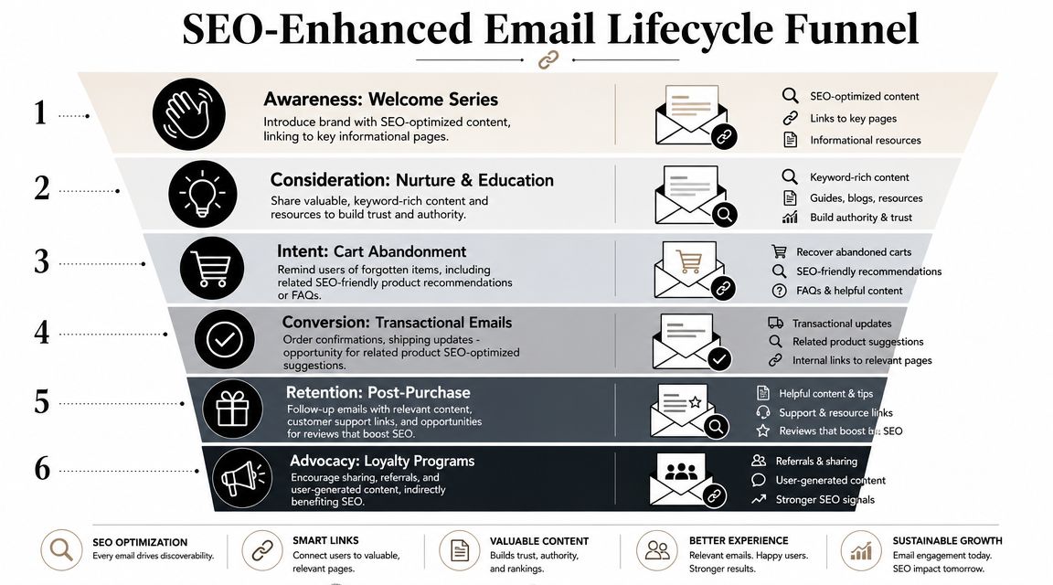 A six-stage SEO-enhanced email lifecycle funnel diagram showing marketing stages from awareness to customer advocacy and loyalty.