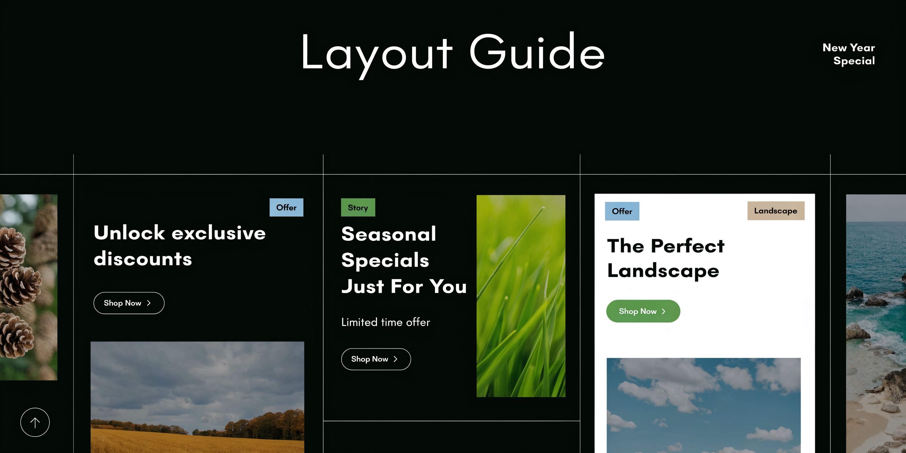 A design layout guide showcasing various web banners featuring promotional offers, seasonal specials, and beautiful landscape imagery.