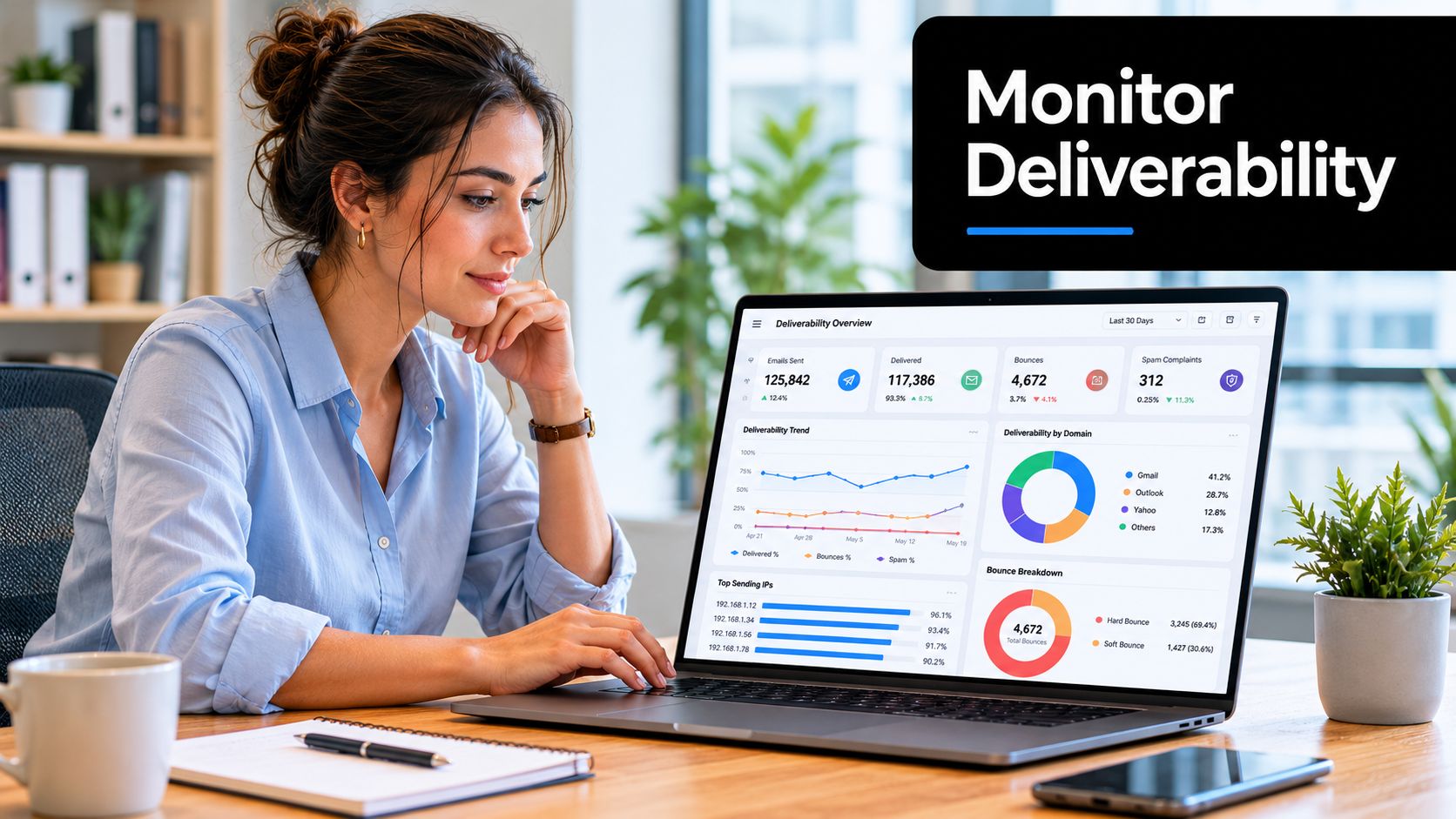 A professional woman working on a laptop displaying a comprehensive email deliverability dashboard in a modern office.