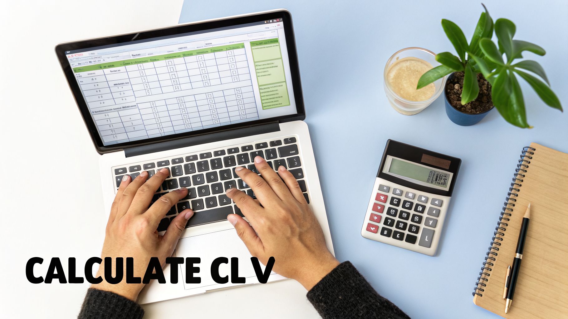 Overhead view of hands typing on a laptop with a calculator, notebook, and plant on a light blue desk, calculating CLV.