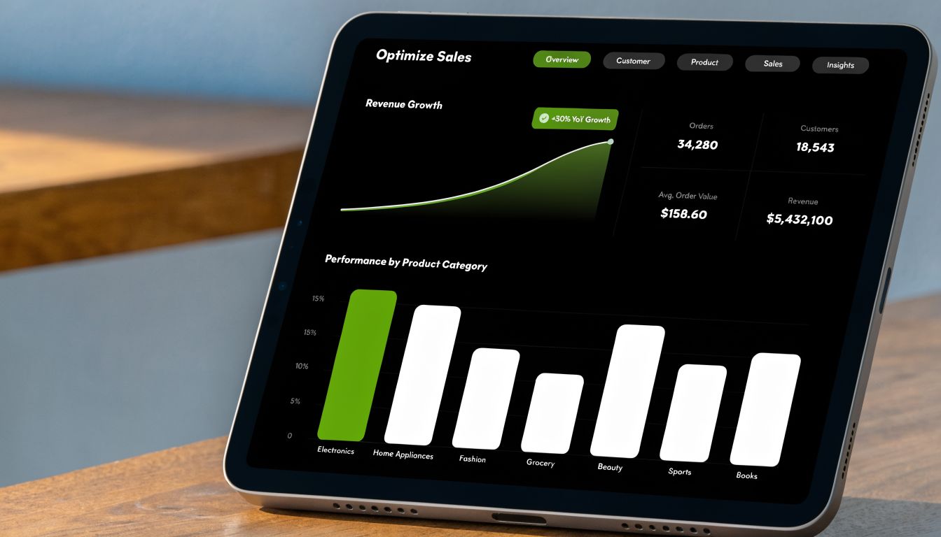 A digital tablet displaying an interactive sales performance dashboard with revenue growth charts and product category data.