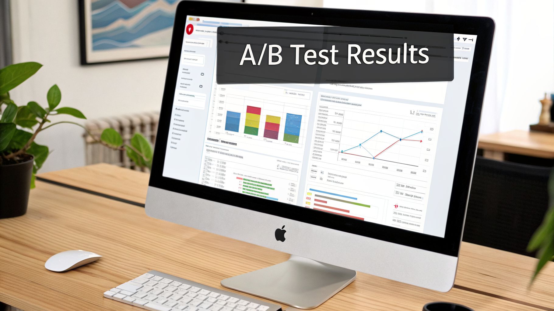 An Apple iMac displays A/B test results with colorful charts and graphs on a wooden desk.