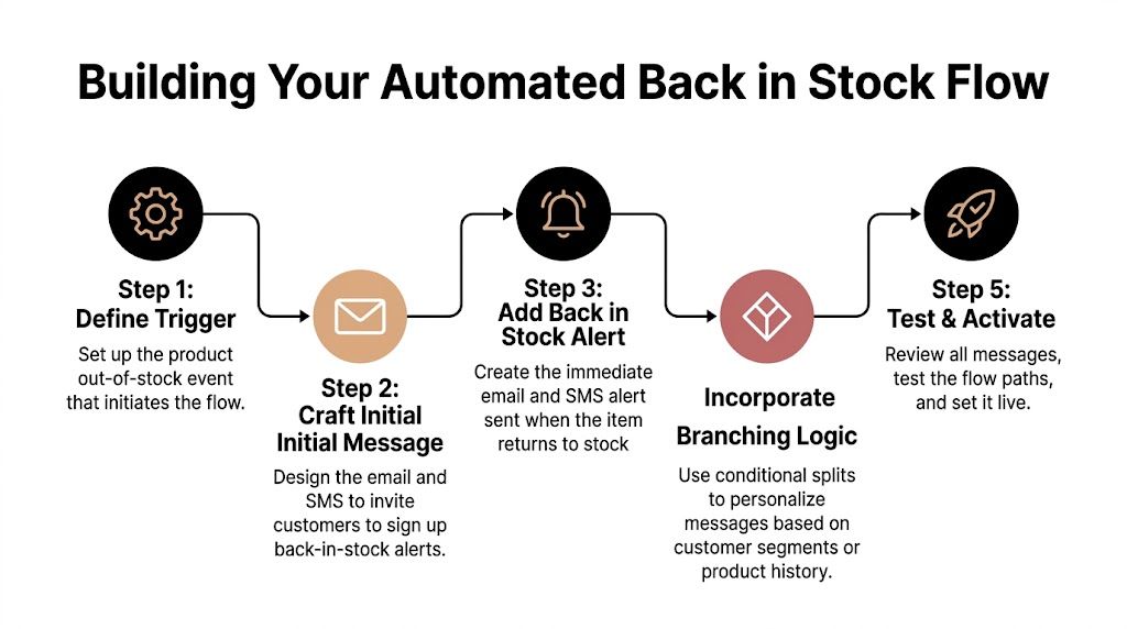 A five-step infographic showing the process for building an automated back in stock marketing flow.
