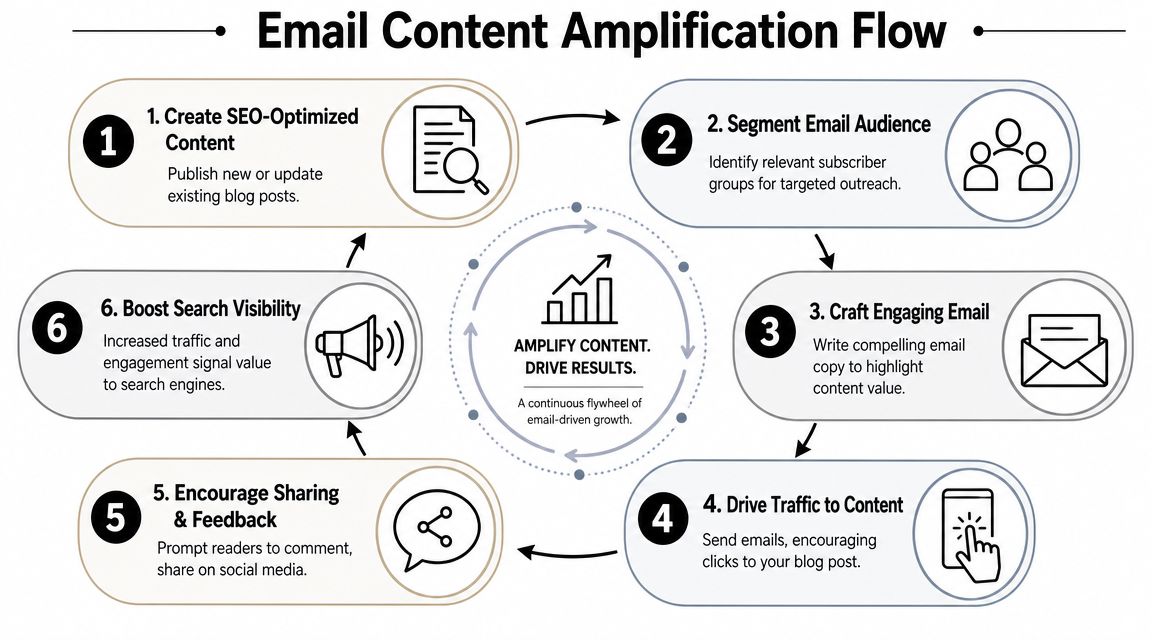 A cyclical flow diagram illustrating six steps for using email marketing to boost SEO and content performance.