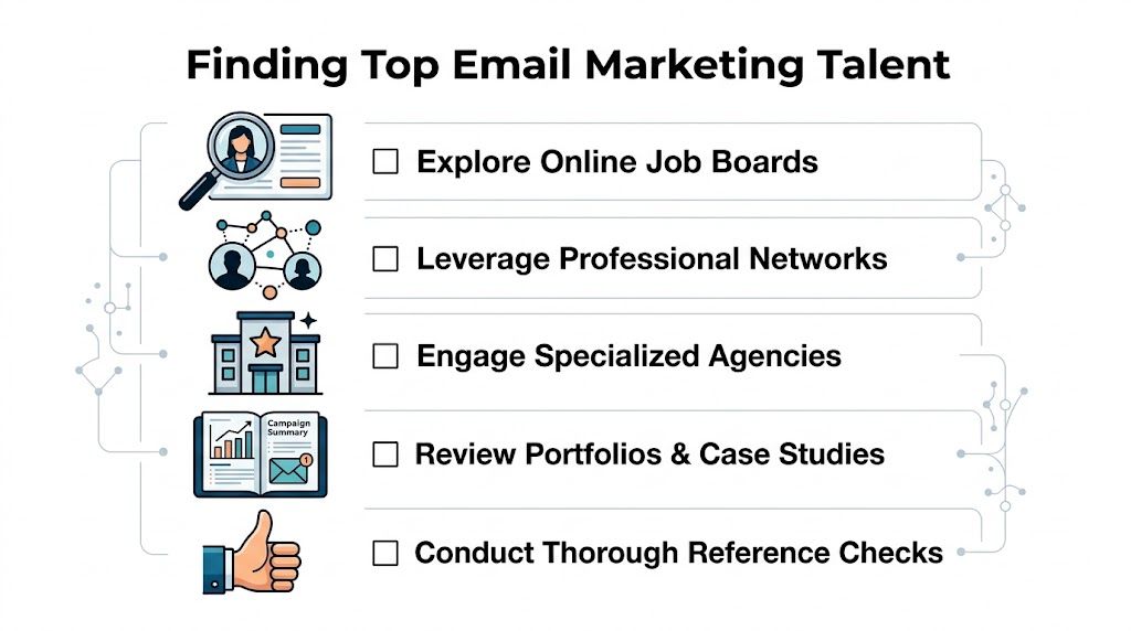 A checklist infographic titled Finding Top Email Marketing Talent featuring icons for recruitment strategies.